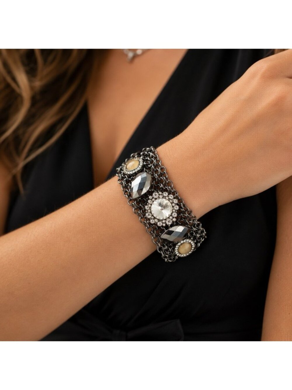 Chunky Crystal Rhinestone Statement Bracelet Gunmetal Mesh Toggle Glam 7.5”